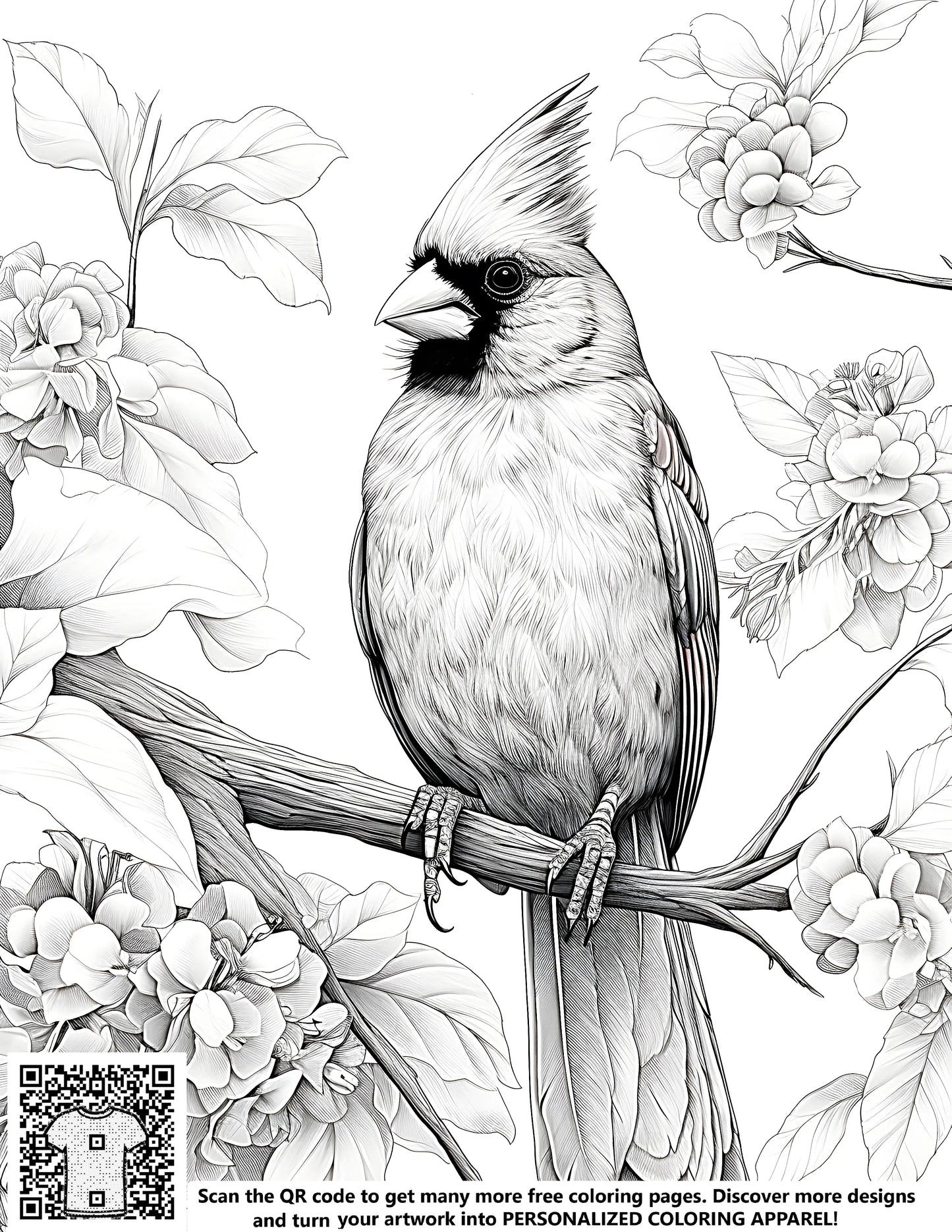 Free coloring page kit featuring a detailed illustration of a cardinal bird perched on a branch, surrounded by flowers, perfect for creative adults and kids alike. Includes 10 fabric markers.