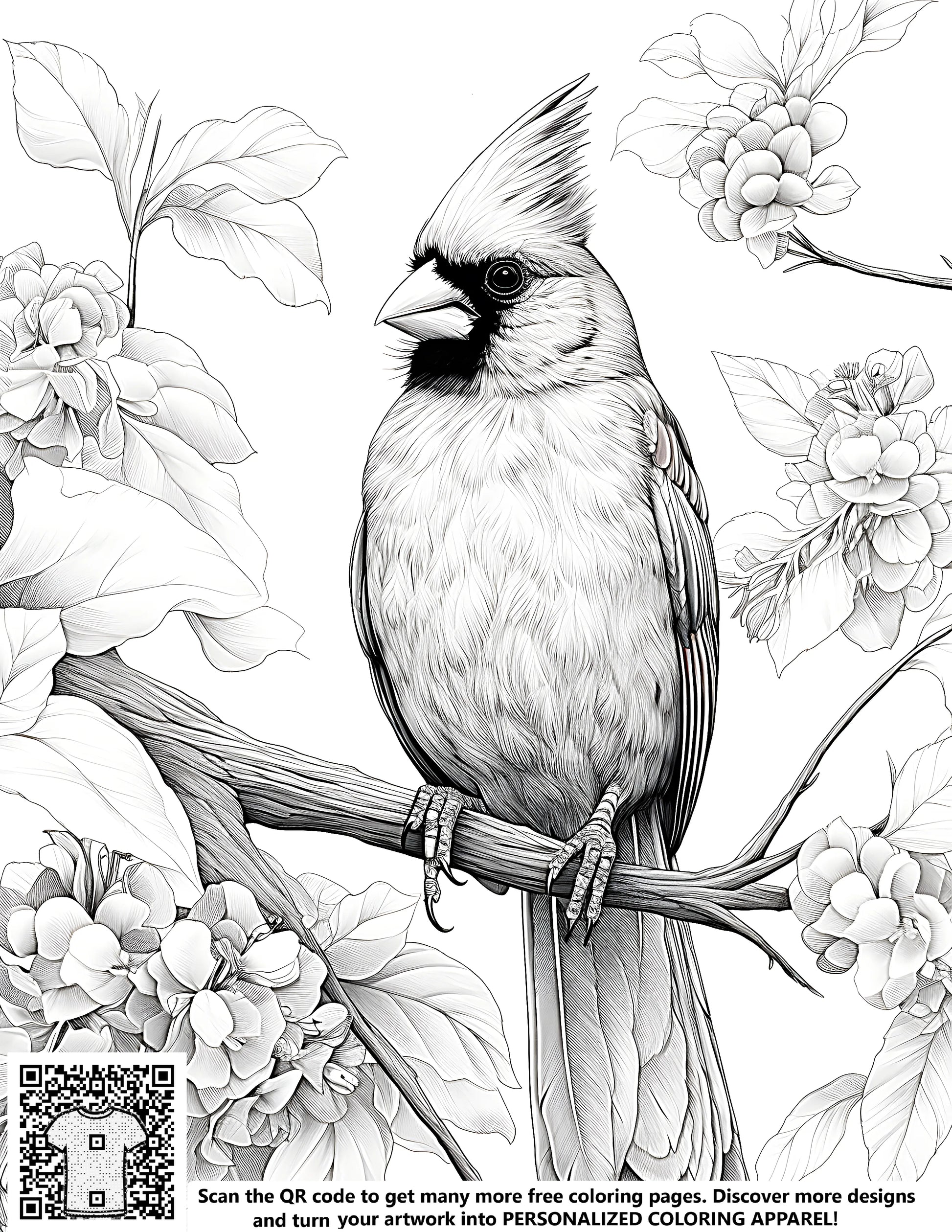 Free coloring page kit featuring a detailed illustration of a cardinal bird perched on a branch, surrounded by flowers, perfect for creative adults and kids alike. Includes 10 fabric markers.