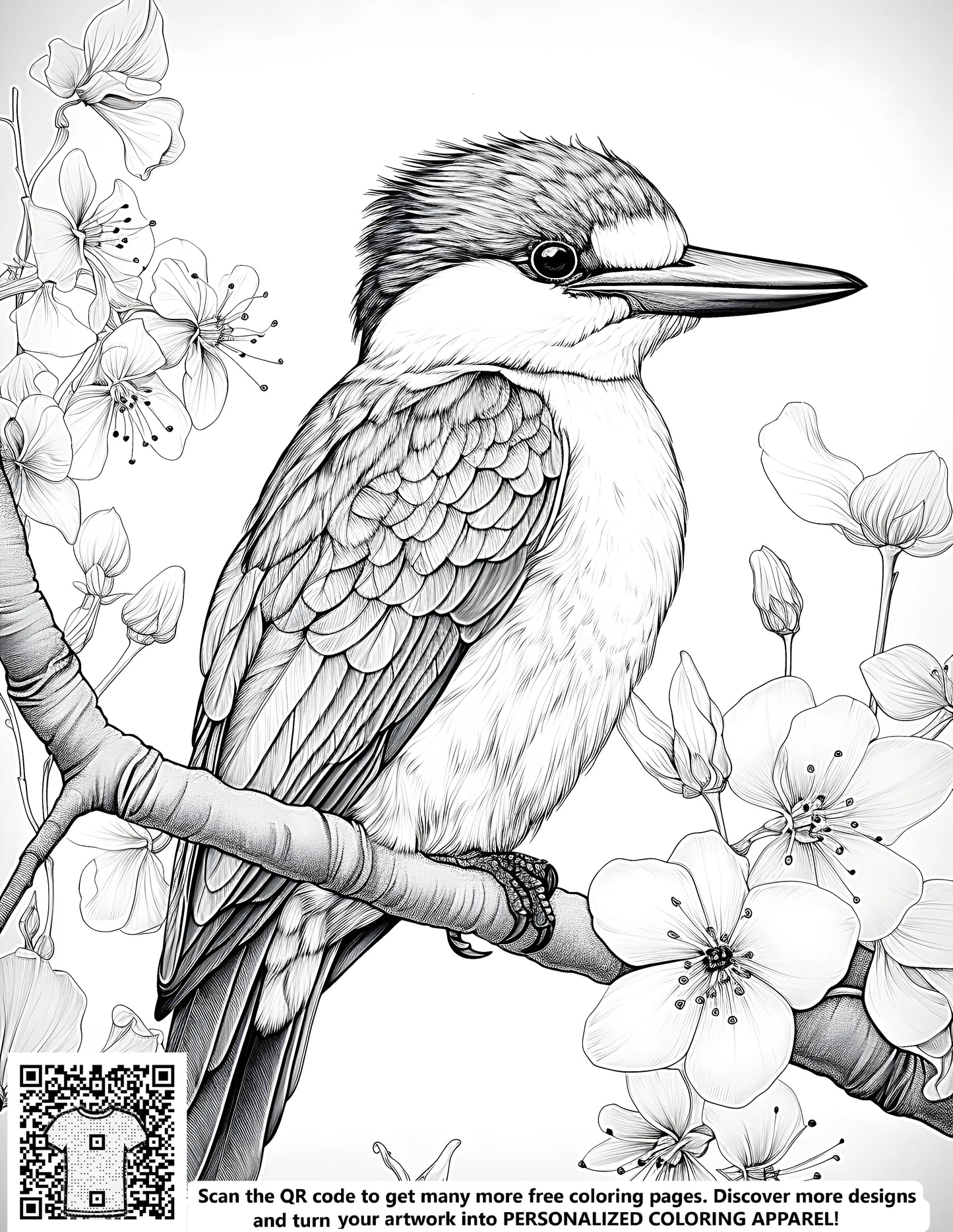 Free coloring page kit with kingfisher design, fabric markers, and flowers. Perched bird art for adults and kids