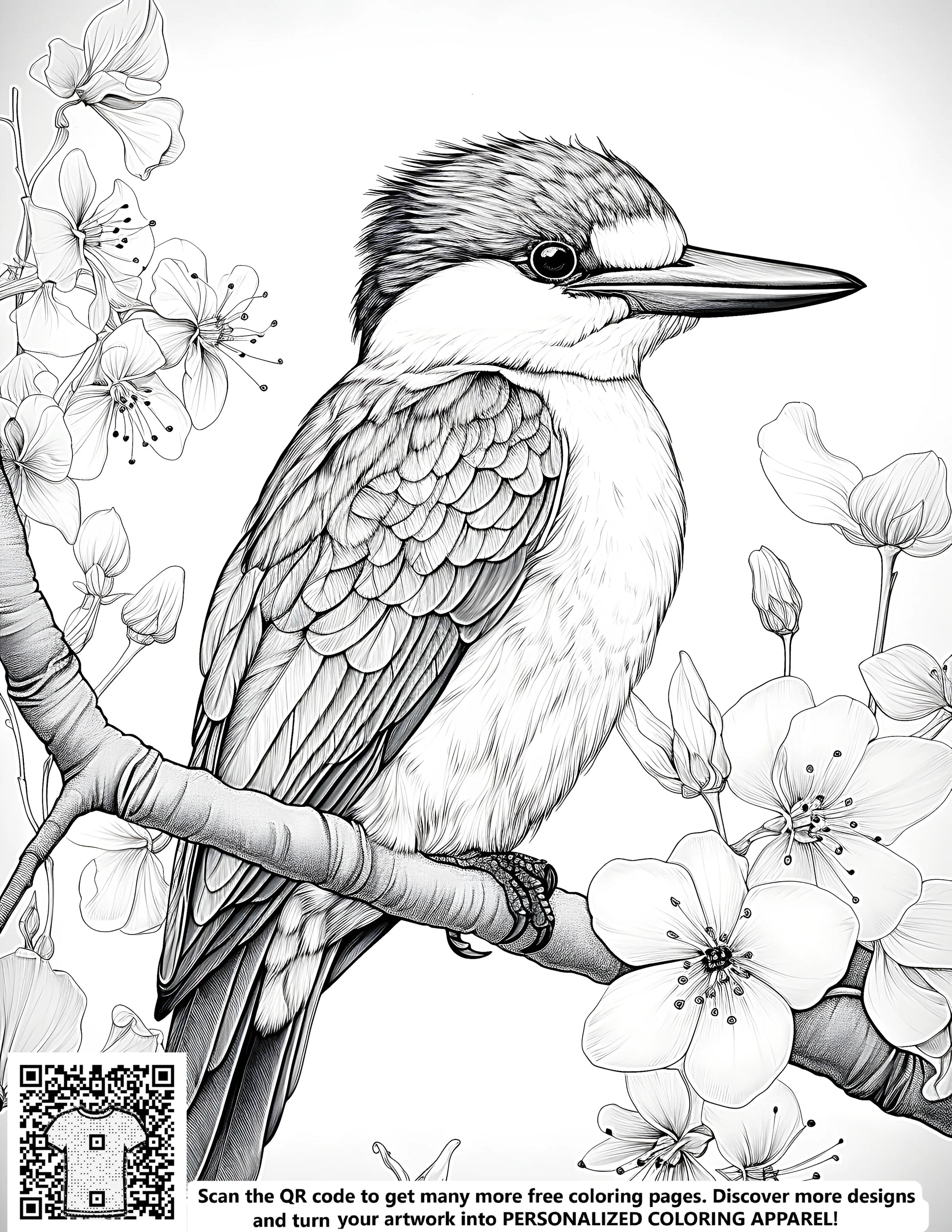 Free coloring page kit with kingfisher design, fabric markers, and flowers. Perched bird art for adults and kids
