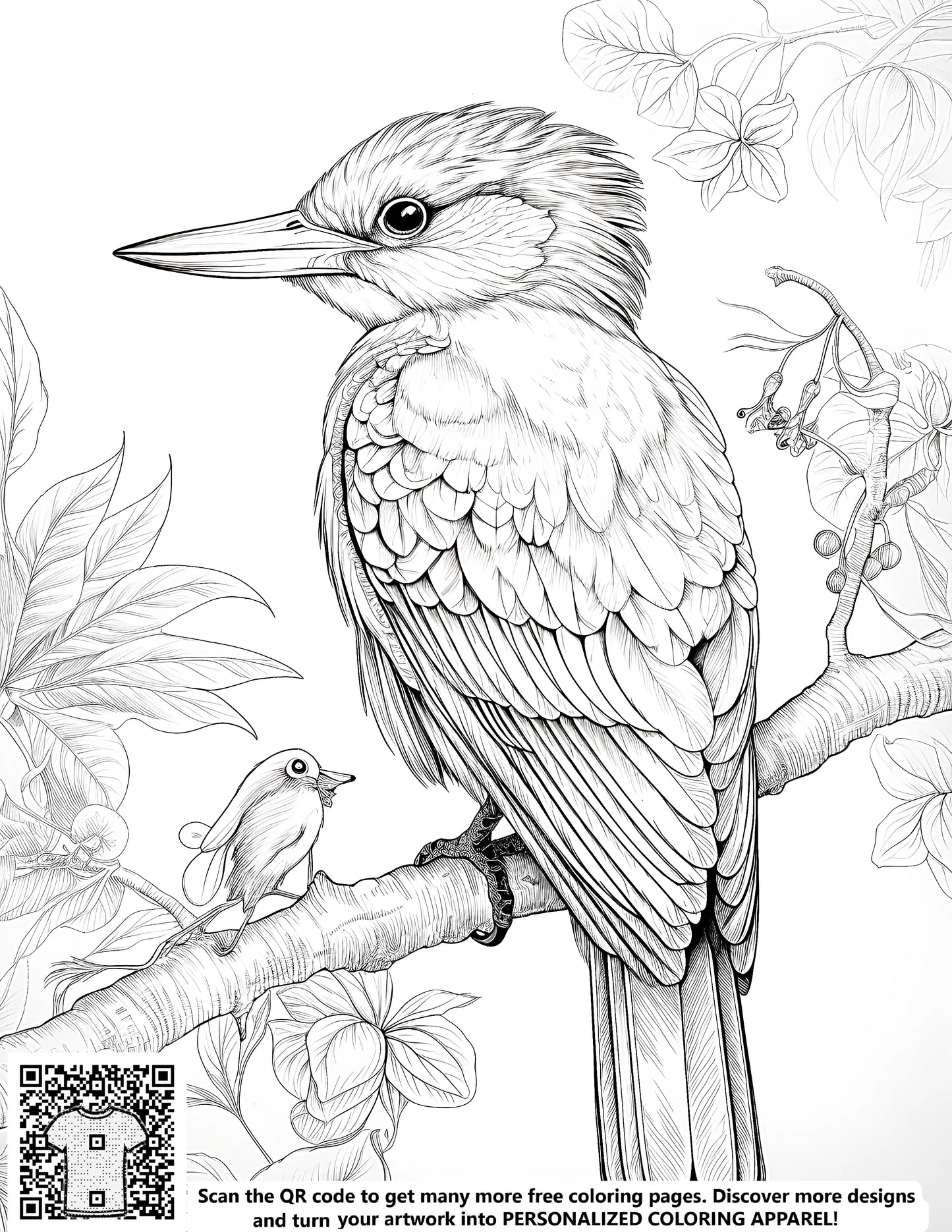 Coloring pages of birds and branches, bird perched on tree branch, free coloring page art featuring birds in nature
