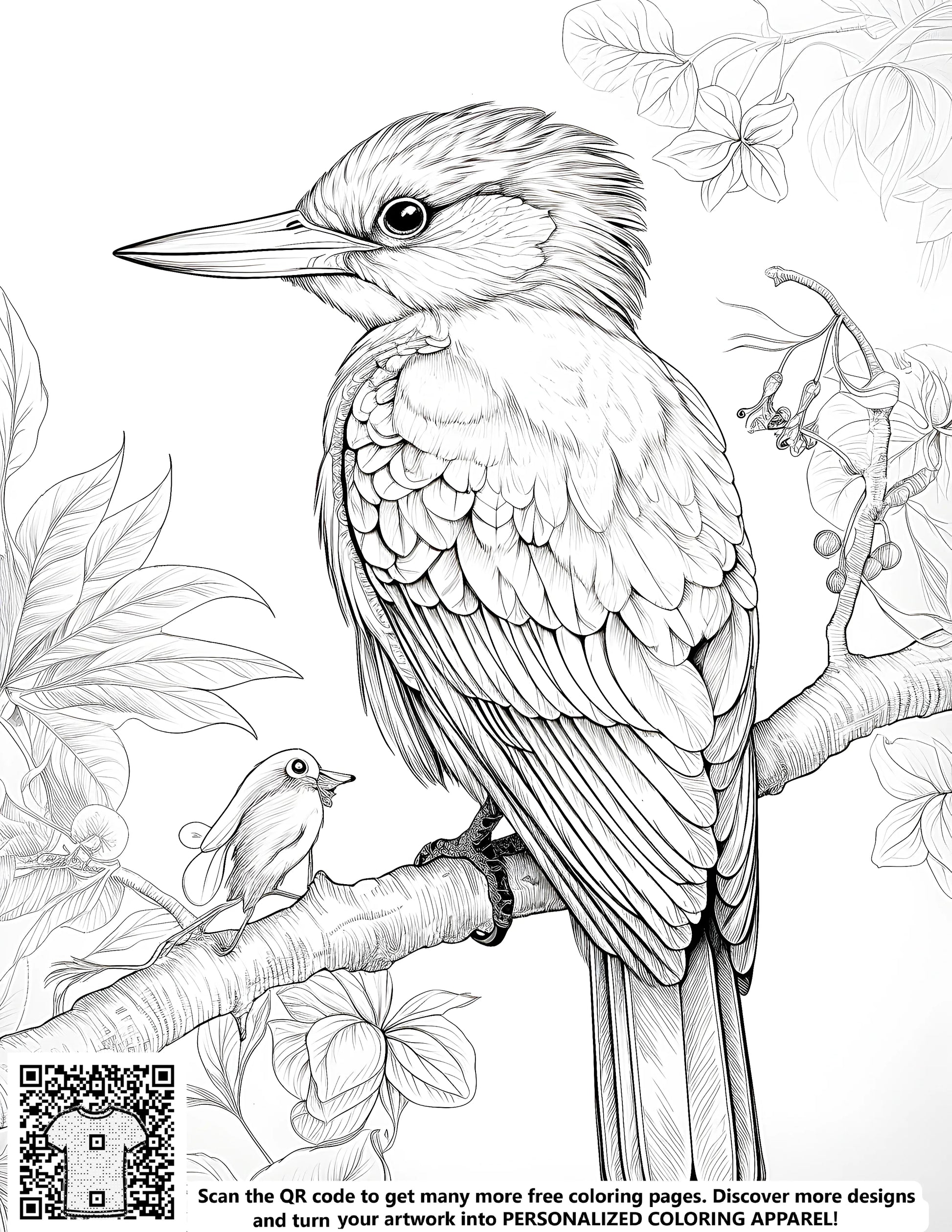 Coloring pages of birds and branches, bird perched on tree branch, free coloring page art featuring birds in nature