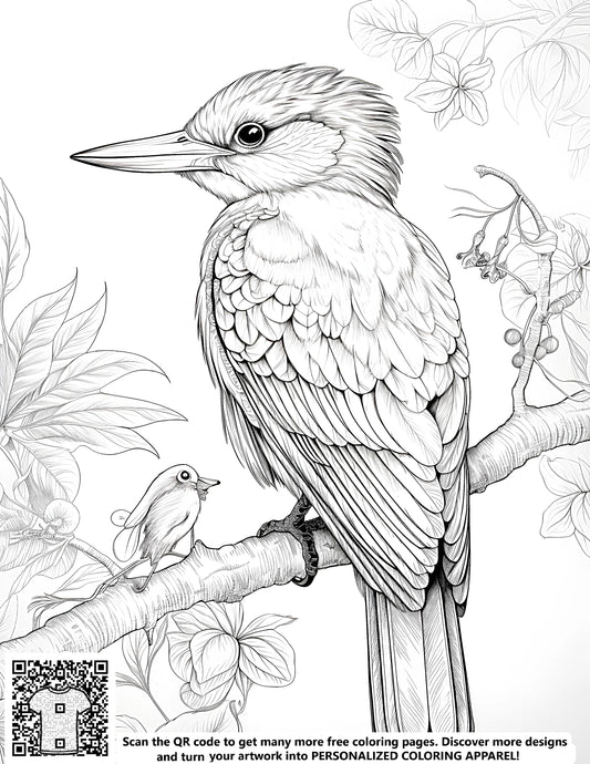 FREE Coloring Page - Detailed Birds on Branch with Intricate Foliage - Printable Download