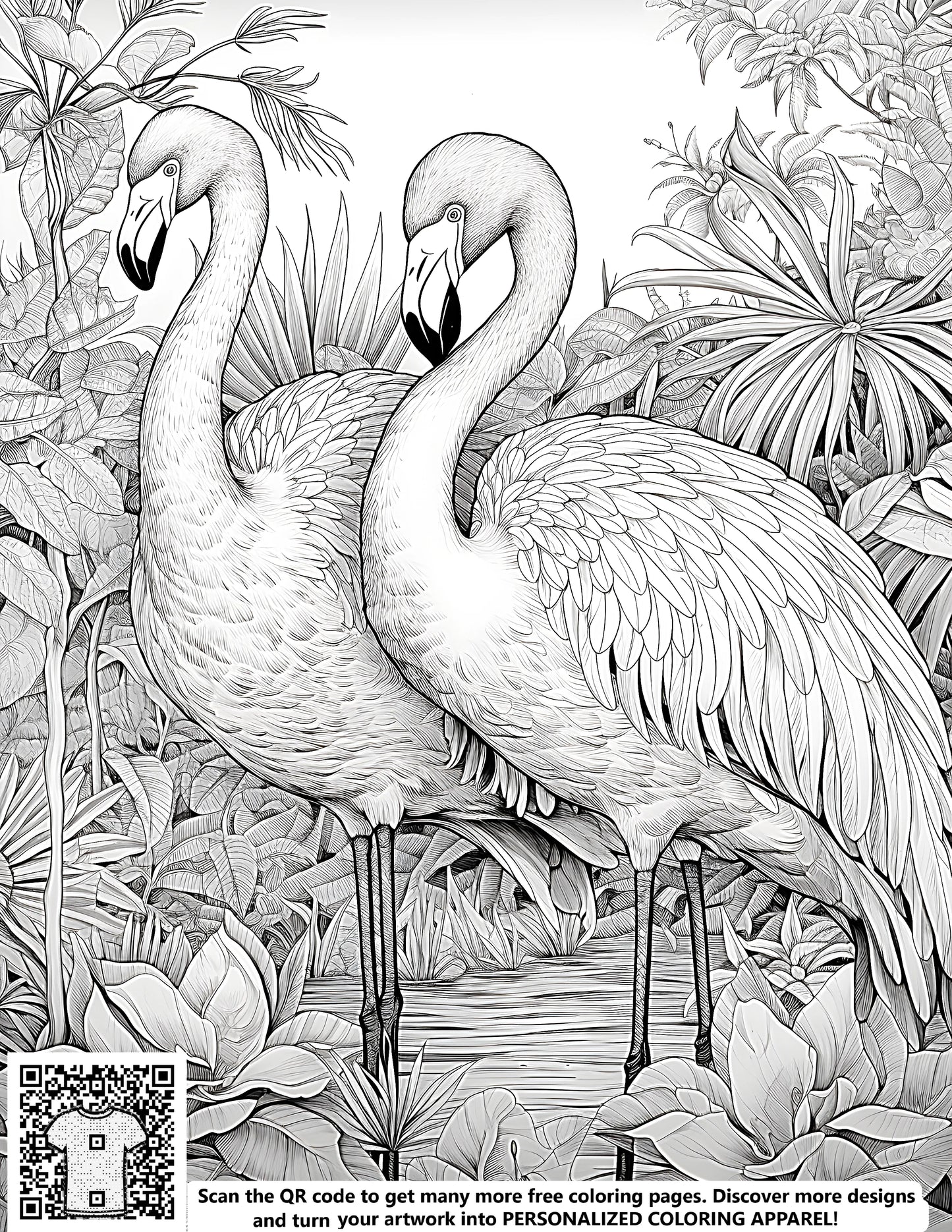 Coloring page of two birds standing in a tropical jungle, surrounded by foliage and a serene pond. Flamingo coloring book pages, bird illustration art, free printable coloring