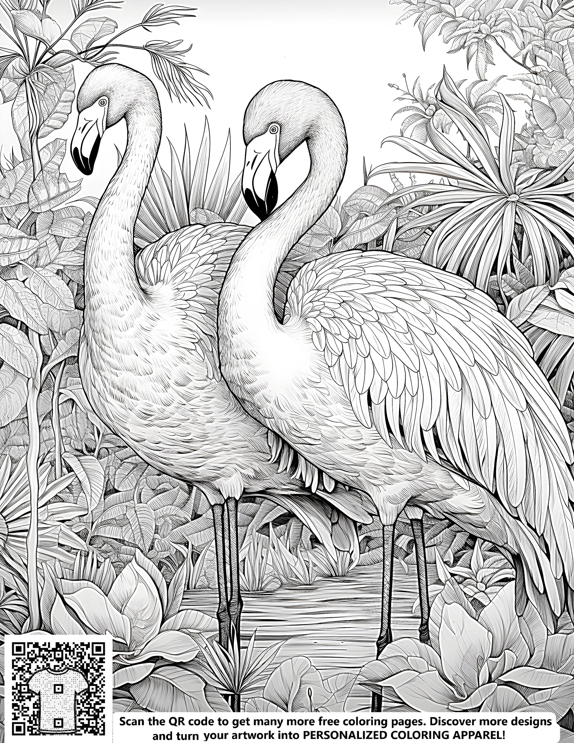 Coloring page of two birds standing in a tropical jungle, surrounded by foliage and a serene pond. Flamingo coloring book pages, bird illustration art, free printable coloring