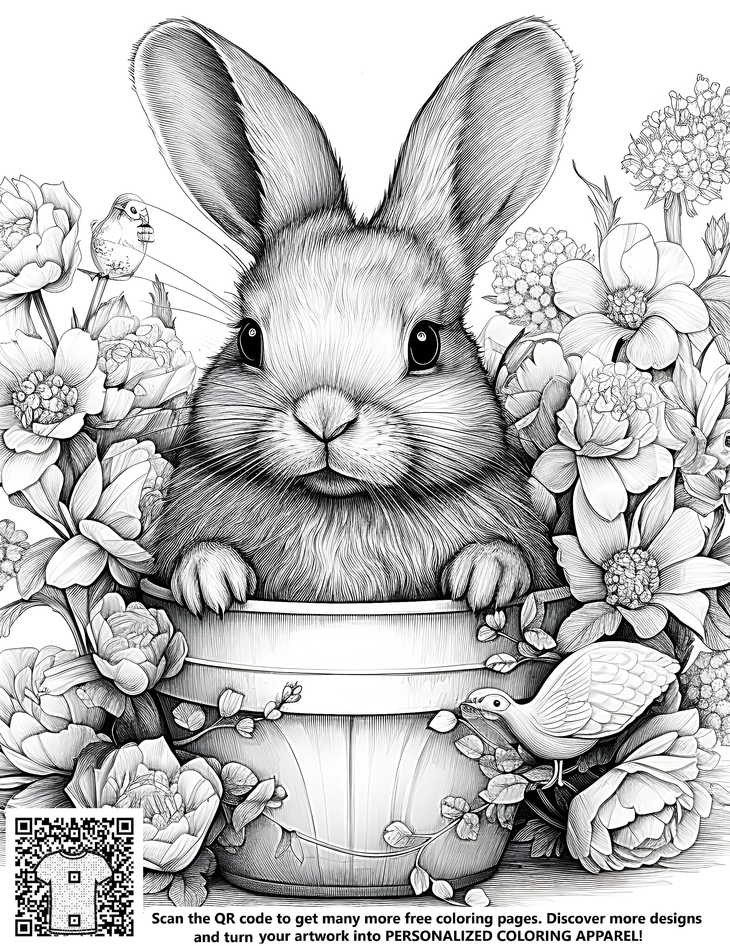 Davincci Rabbit FREE Rabbit in a Pot Coloring Page - Detailed Sketch with Flowers and ...