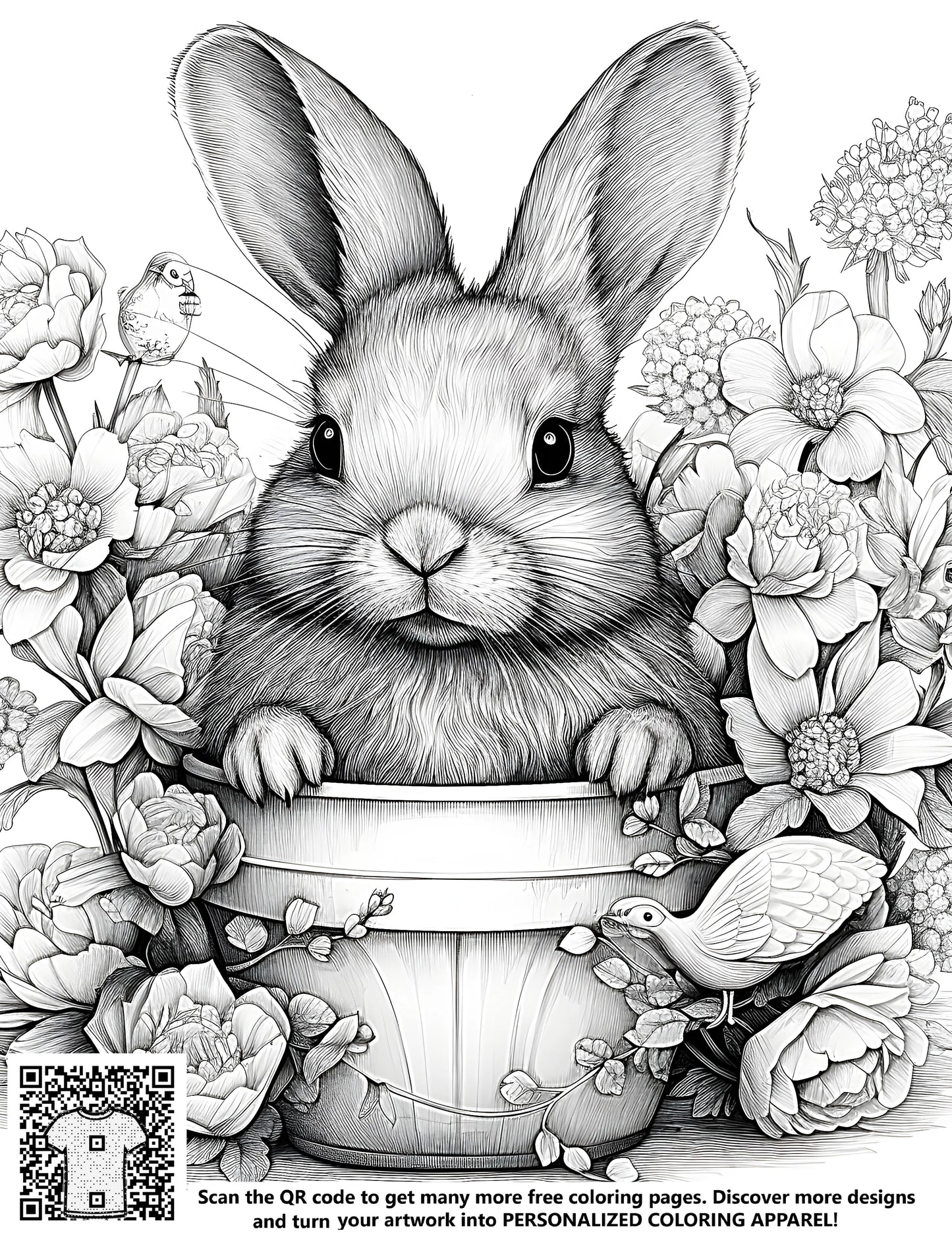 Free coloring pages, bunny coloring page, nature inspired art, sketch of a rabbit in a garden pot surrounded by flowers and birds, adult coloring book, creative relaxation