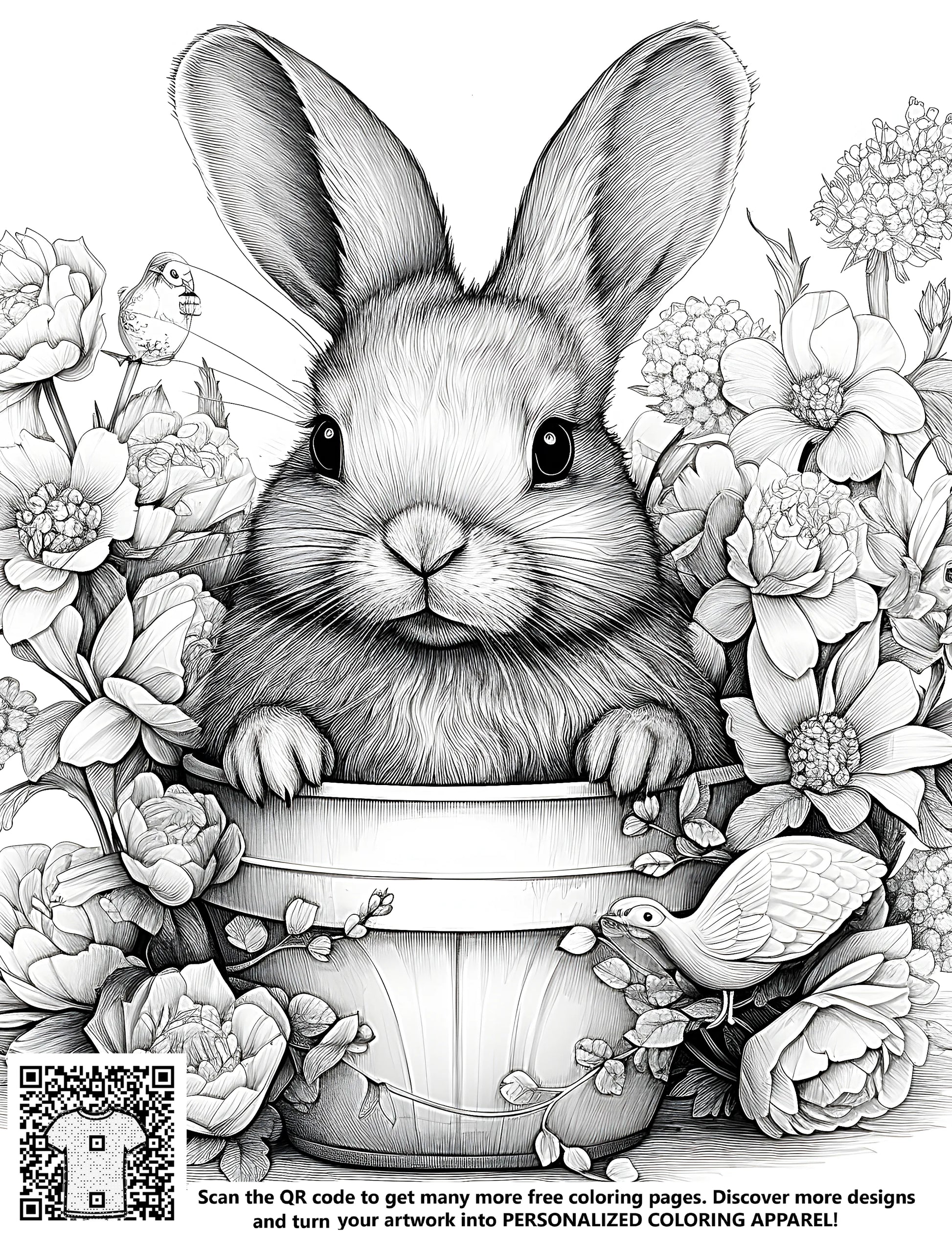 Free coloring pages, bunny coloring page, nature inspired art, sketch of a rabbit in a garden pot surrounded by flowers and birds, adult coloring book, creative relaxation