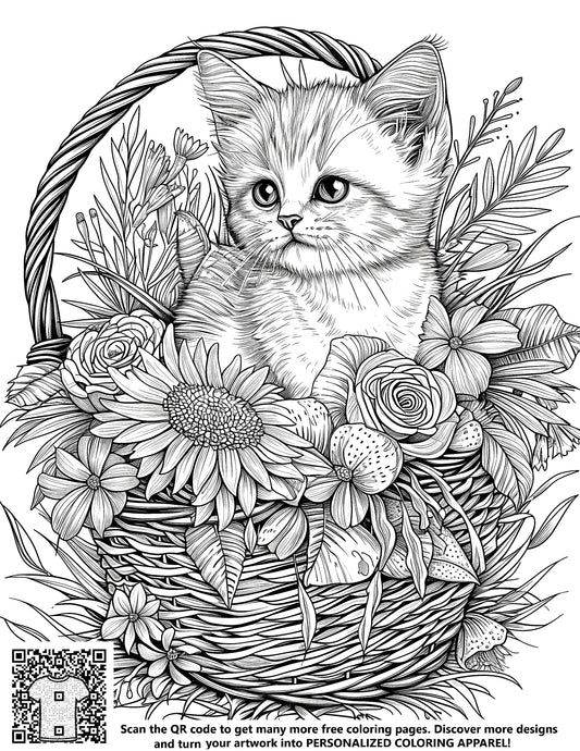 FREE Kitten in Basket with Flowers Coloring Page - Download NOW