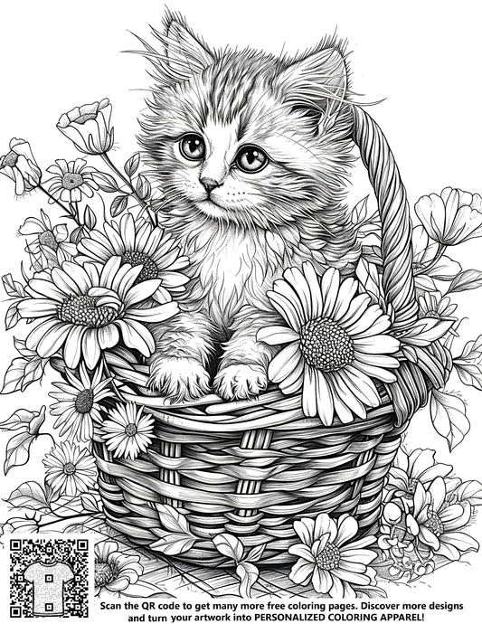 FREE Cute Kitten in Basket Coloring Page - Download NOW