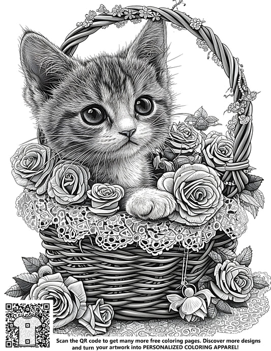 Free coloring page of adorable kitten sitting in a beautiful basket adorned with detailed lace and elaborate roses