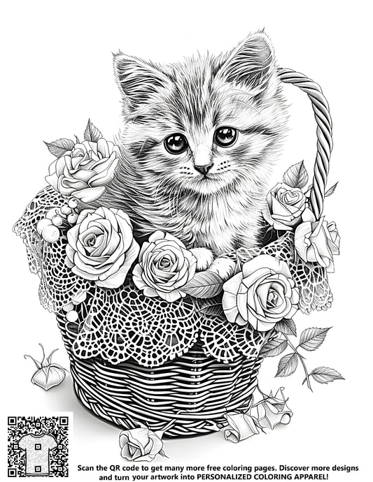 FREE Kitten in Basket Coloring Page - Adorable Sketch with Roses and Lace - Download NOW