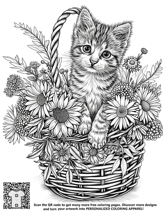 FREE Kitten in Flower Basket Coloring Page - Download NOW