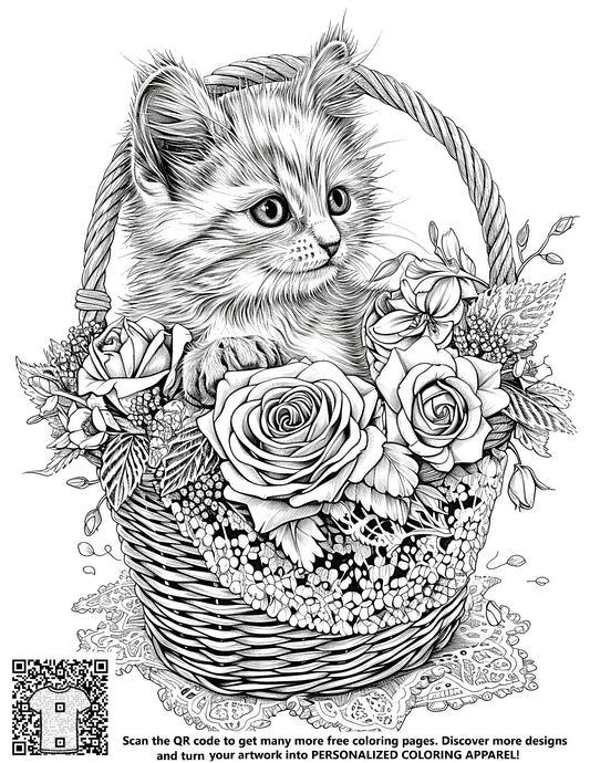 FREE Kitten in Flower Basket Coloring Page - Detailed Printable Download