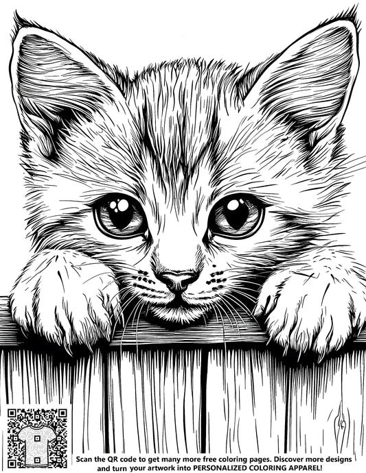 Coloring page of a cute kitten peeking over a wooden fence