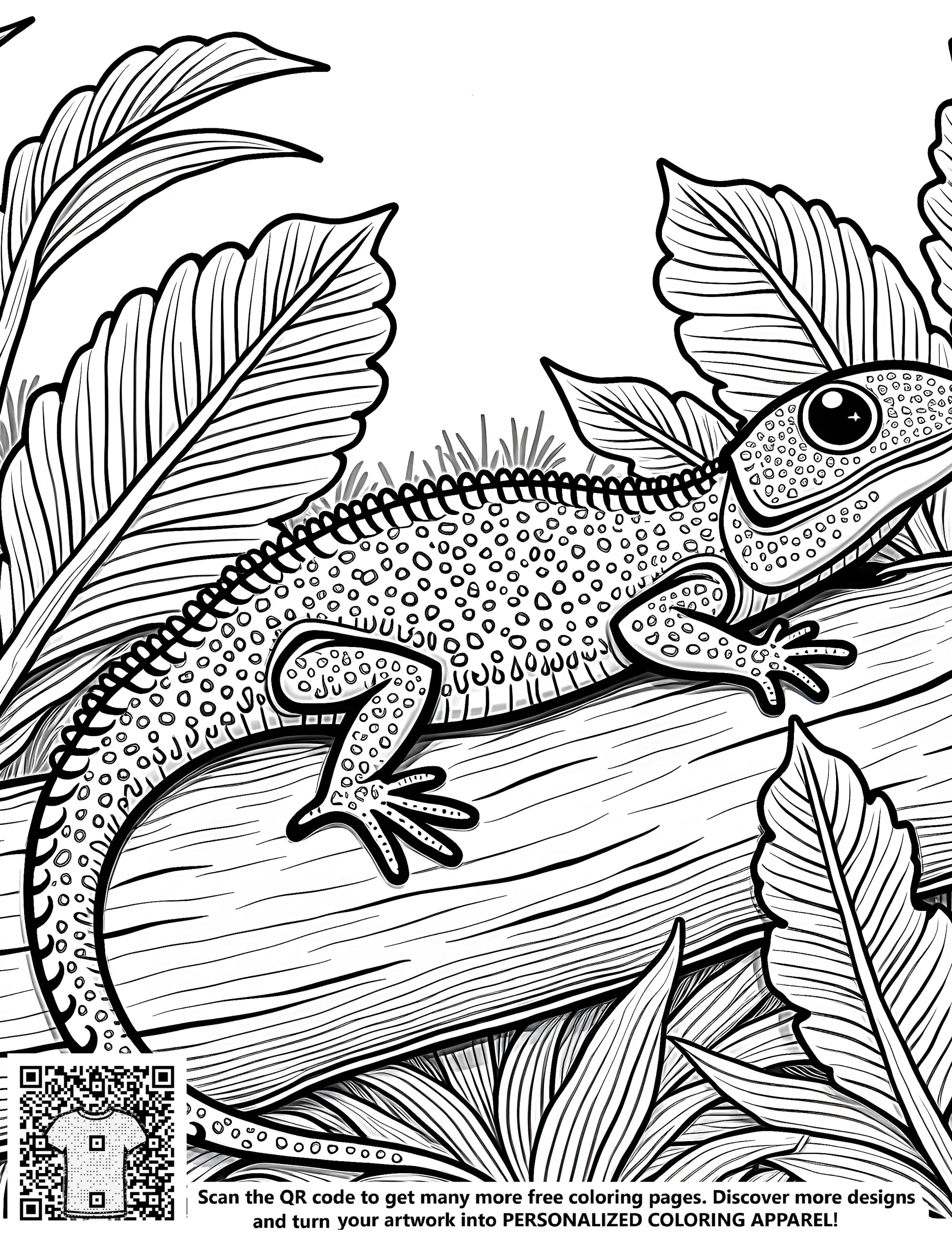 Coloring page of a reptile sitting on a branch surrounded by greenery. Perfect for coloring fun.