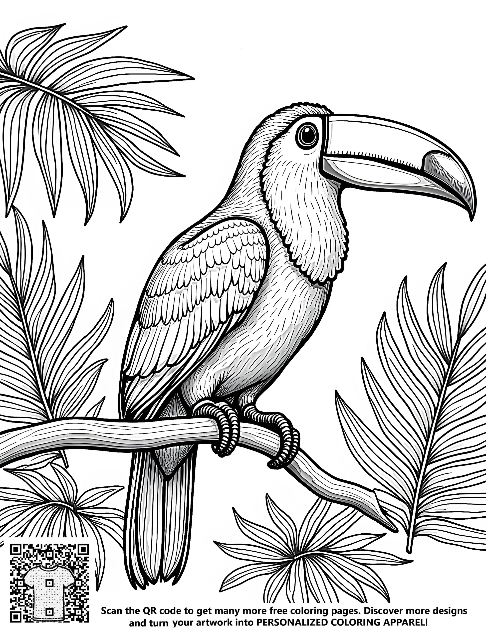 Tropical toucans perched on branches coloring page with vibrant colors