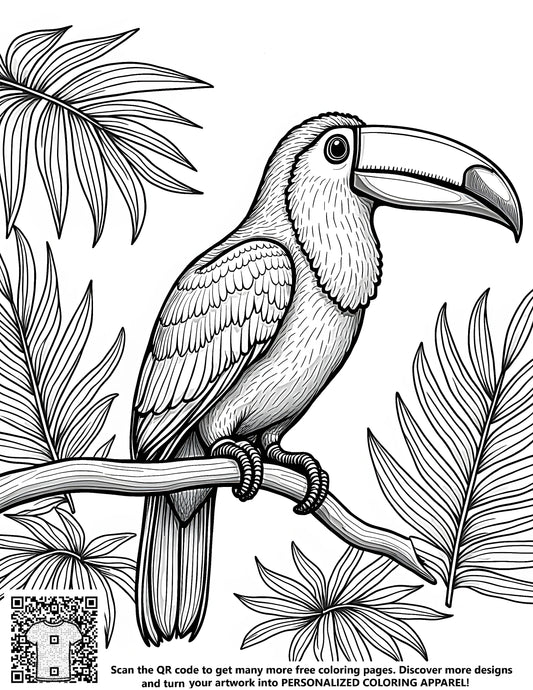 Tropical toucans perched on branches coloring page with vibrant colors