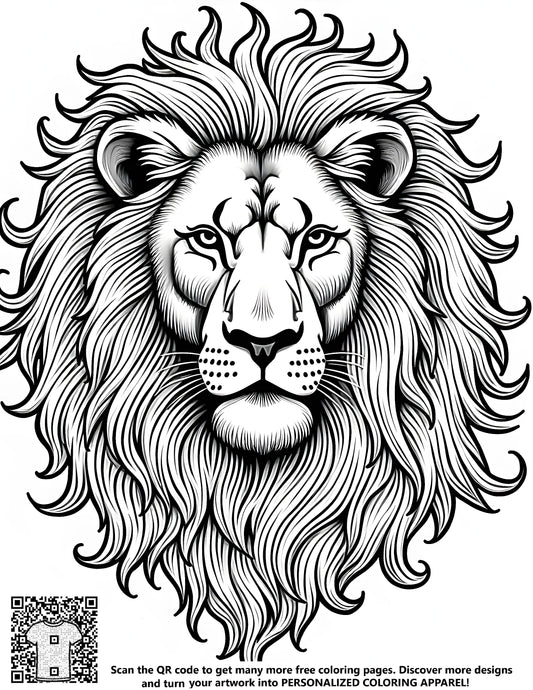 A coloring page featuring an intricately designed lion face, showcasing its majestic golden mane and regal expression. Perfect for creative adults and kids alike.