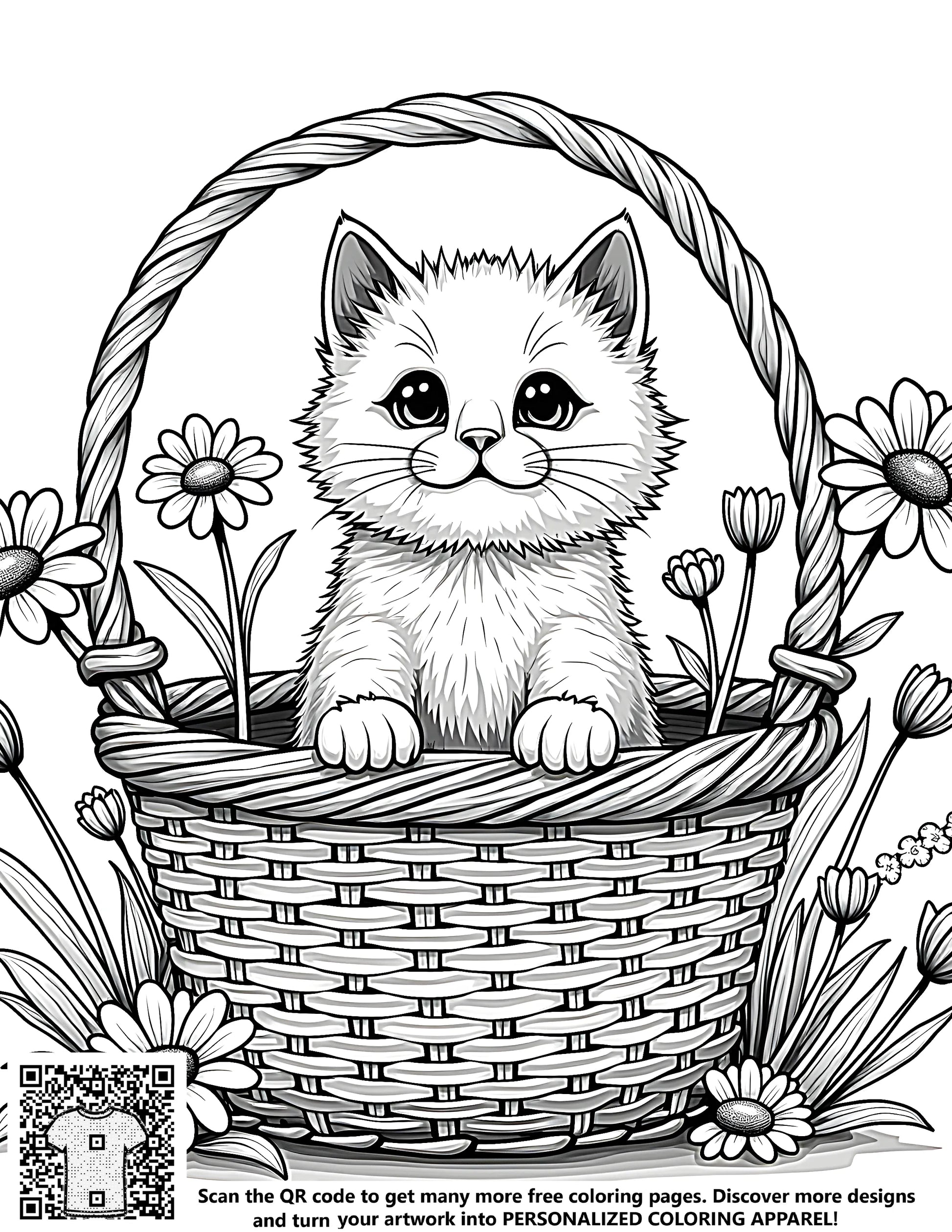 Coloring page of a cute kitten in a basket, cartoon drawing of a fluffy cat sitting in a wicker hamper surrounded by colorful flowers