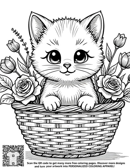 Coloring page of kitten peeking out from woven basket with roses and flowers, free coloring kit