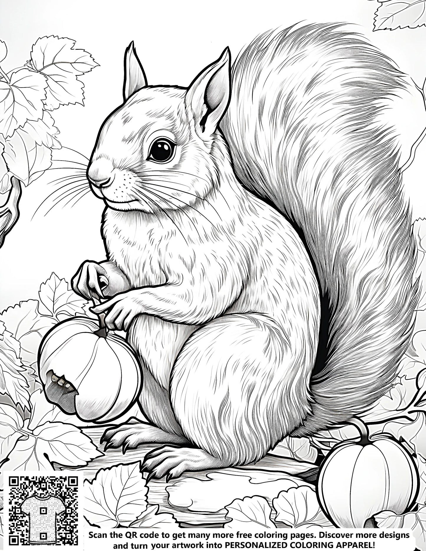 Detailed free coloring page of a squirrel holding a pumpkin, surrounded by leaves, depicted in a black and white illustration for kids and adults alike. Perfect for artistic expression with our fabric markers.