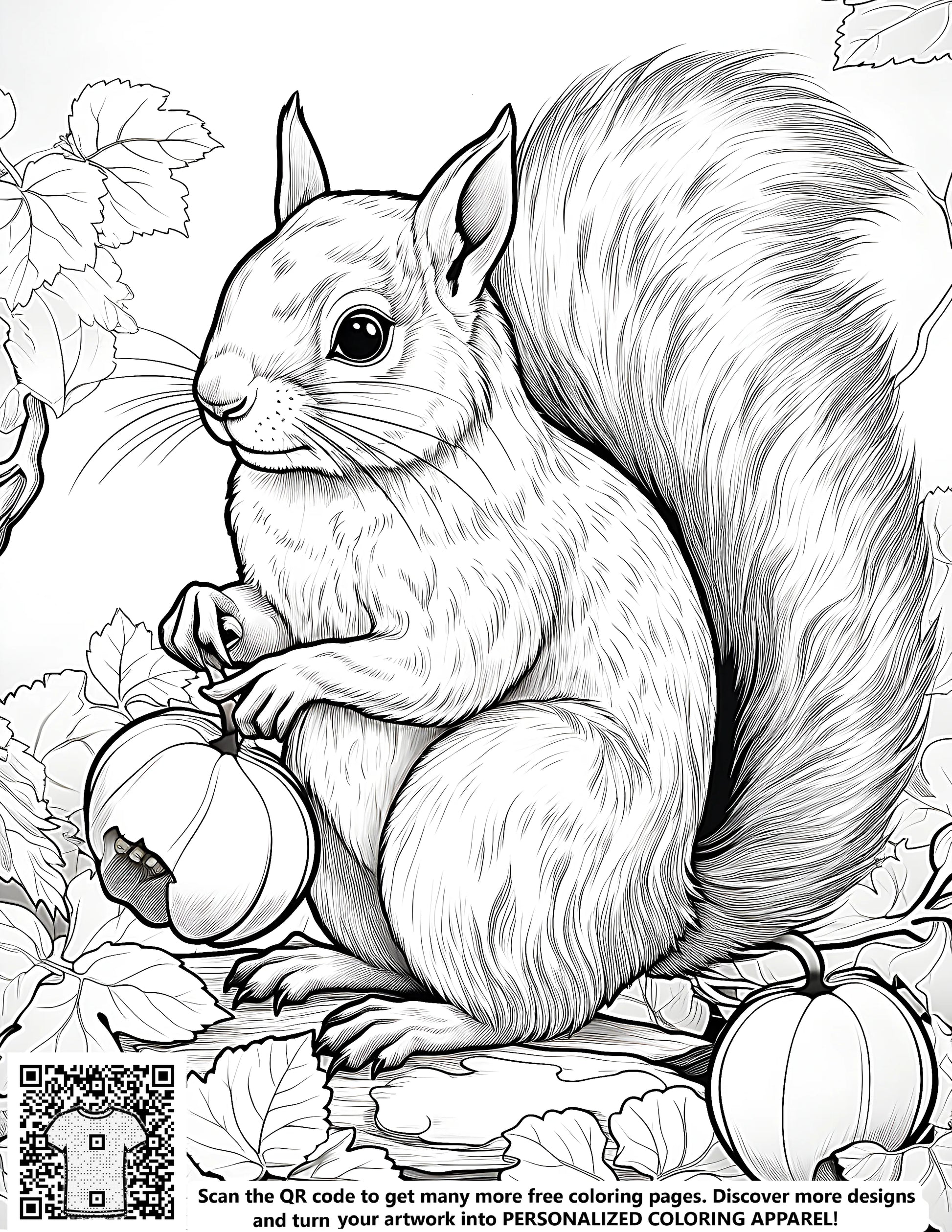 Detailed free coloring page of a squirrel holding a pumpkin, surrounded by leaves, depicted in a black and white illustration for kids and adults alike. Perfect for artistic expression with our fabric markers.