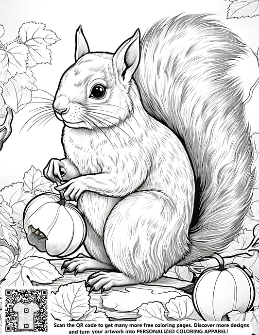 Detailed free coloring page of a squirrel holding a pumpkin, surrounded by leaves, depicted in a black and white illustration for kids and adults alike. Perfect for artistic expression with our fabric markers.