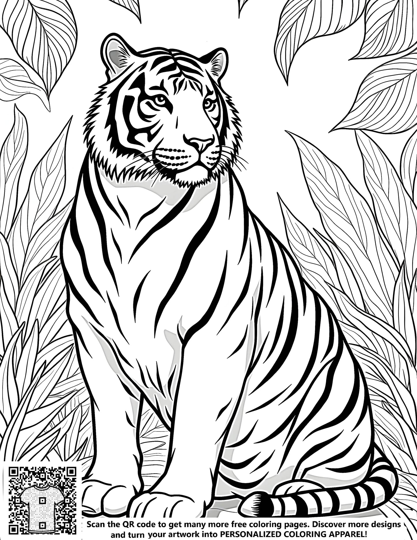 A detailed black and white drawing of a tiger sitting amidst large leaves, showcasing its majestic presence. Free coloring page included with 10 fabric markers for a fun and creative activity.