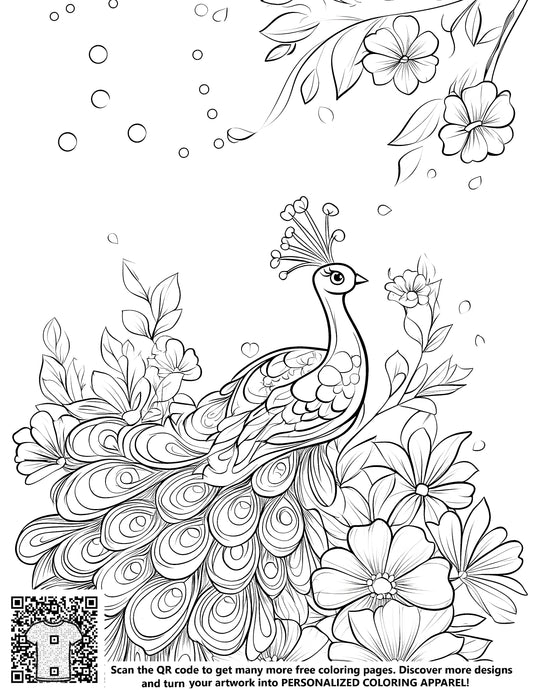 FREE Peacock and Blooming Flowers Coloring Page Download