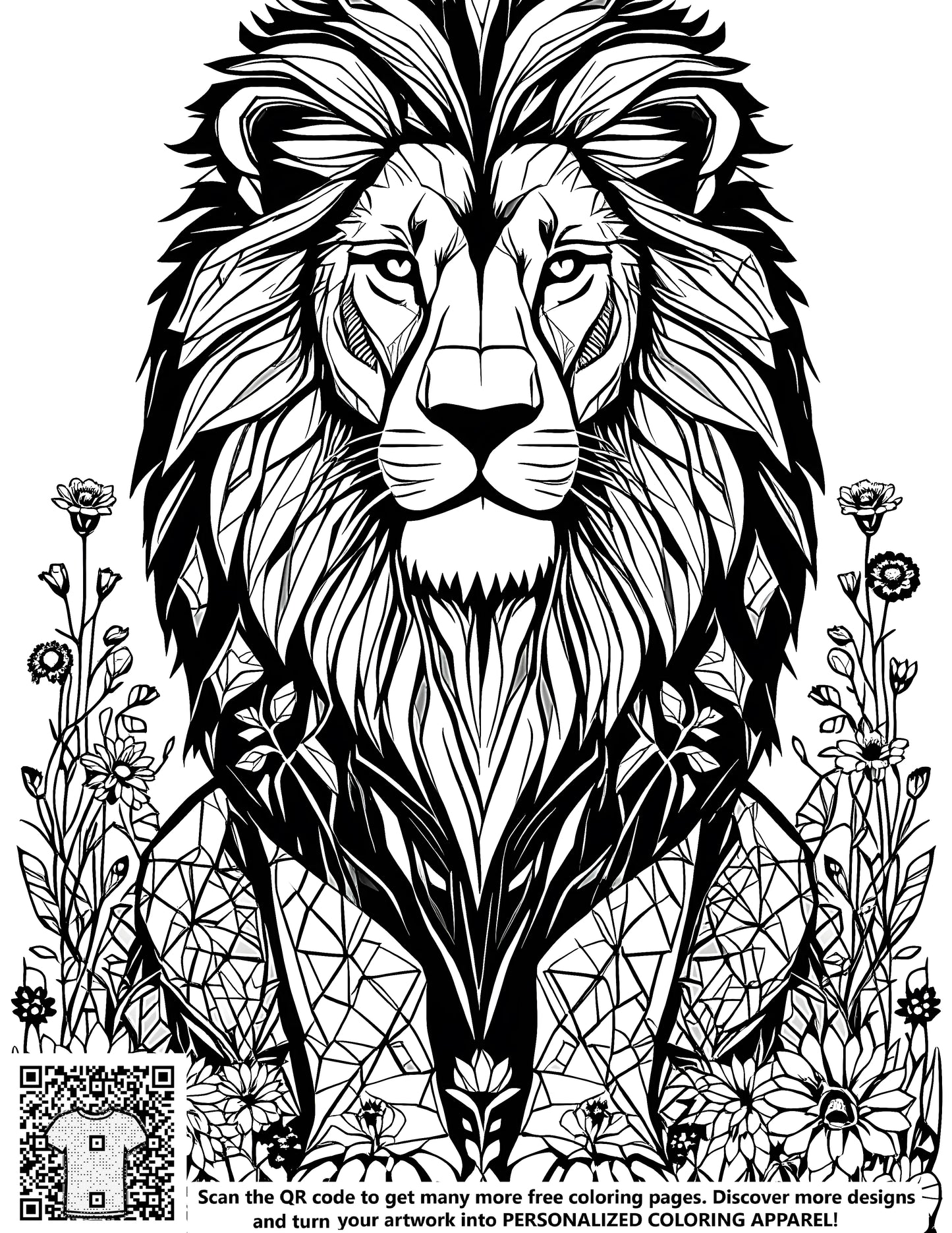 FREE Lion Among Flowers Coloring Page - Intricate Line Art Printable Download