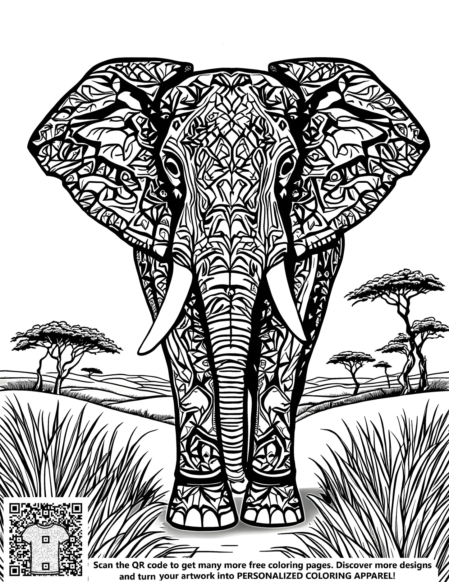 FREE Elephant Coloring Page - Intricate Line Art in Natural Landscape - Download NOW