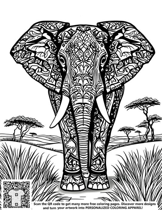 FREE Elephant Coloring Page - Intricate Line Art in Natural Landscape - Download NOW