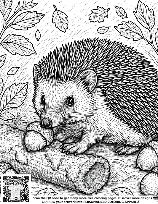 FREE Hedgehog with Acorn Coloring Page - Printable Forest Scene Download