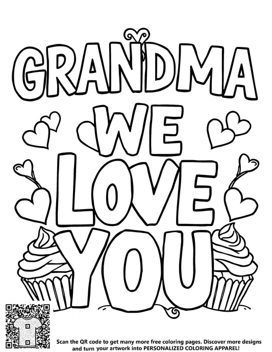 FREE Grandma We Love You Coloring Page with Hearts and Cupcakes Printable