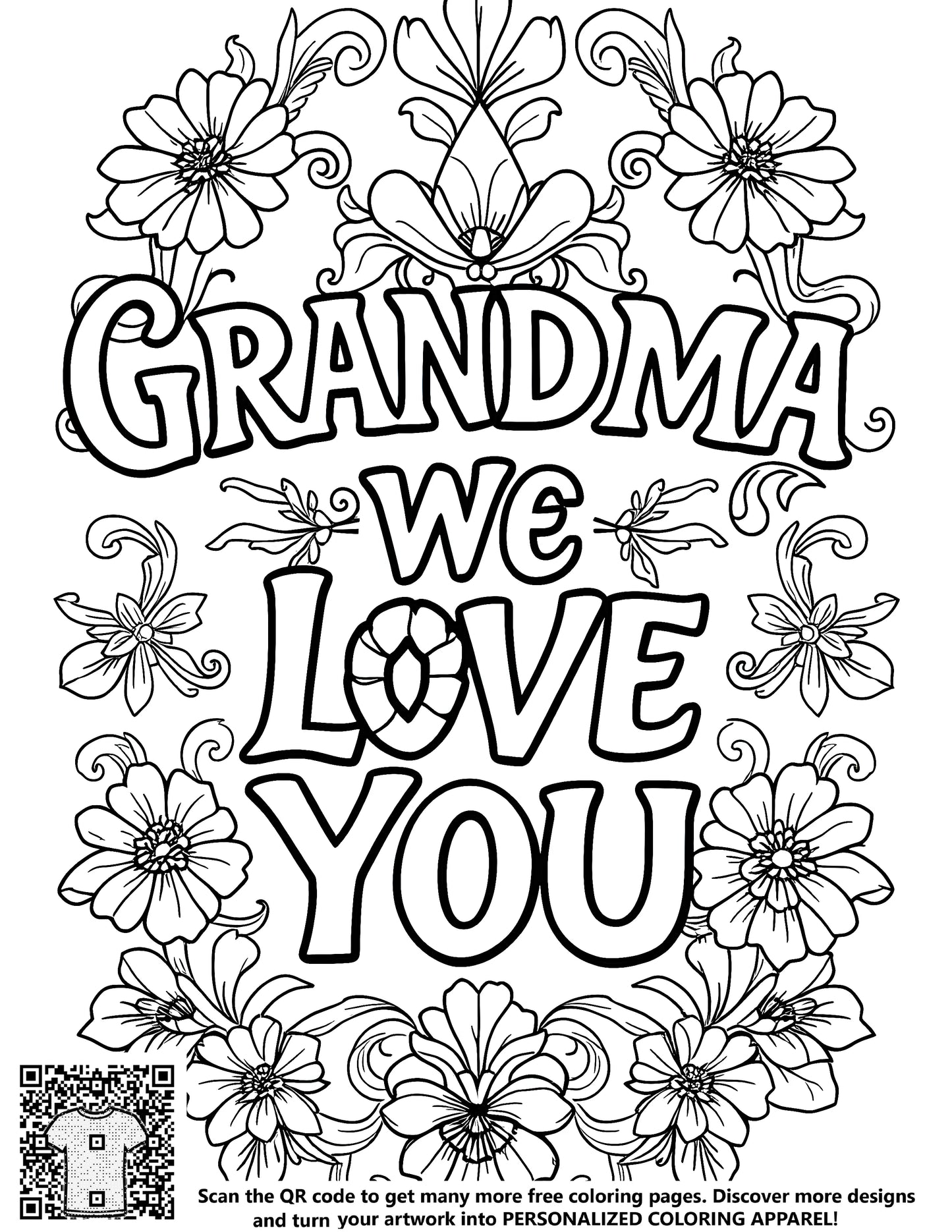 FREE Grandma We Love You Floral Design Coloring Page - Printable