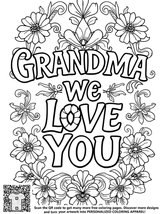 FREE Grandma We Love You Floral Design Coloring Page - Printable