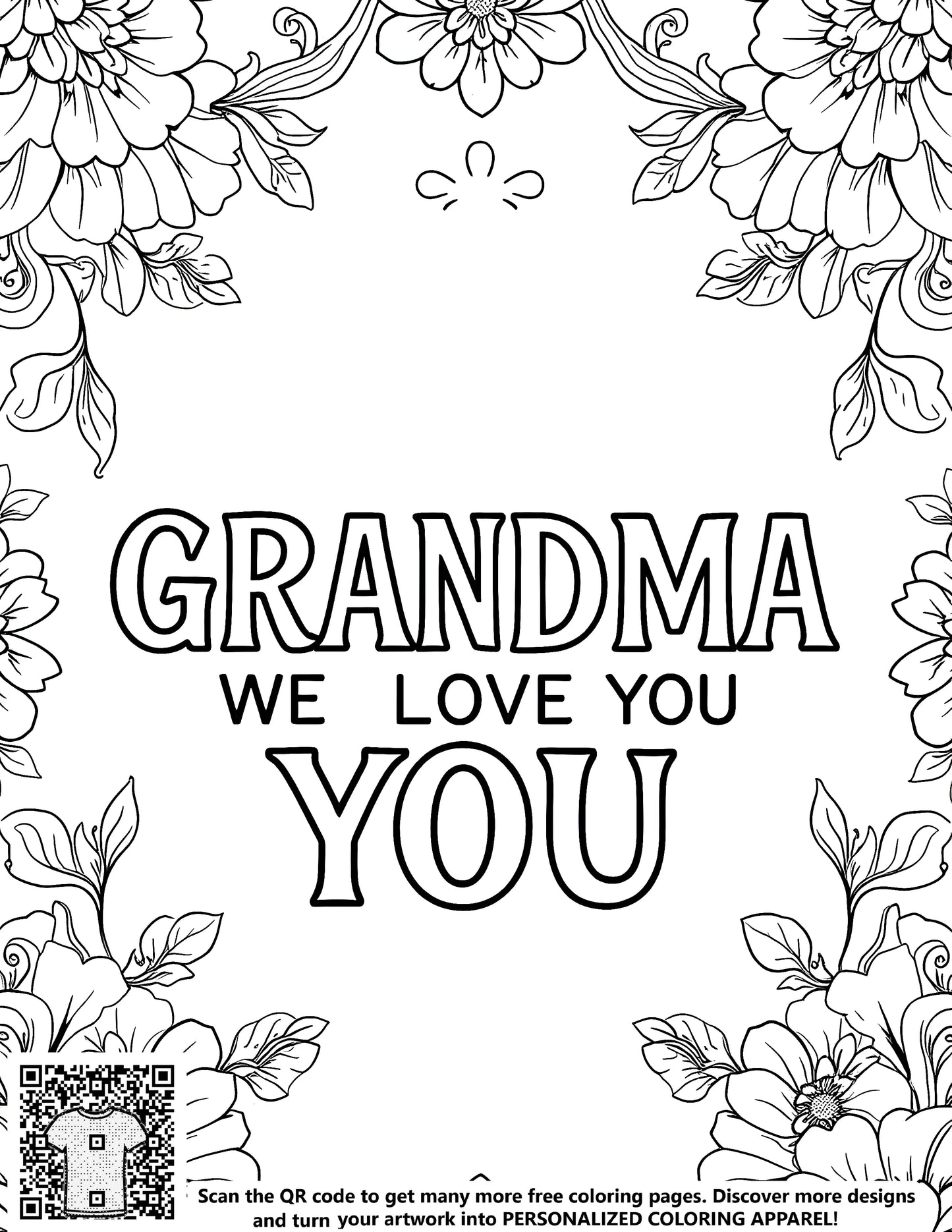 FREE Grandma We Love You Coloring Page - Floral Border - Download NOW