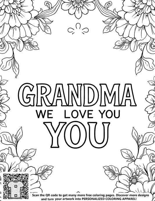 FREE Grandma We Love You Coloring Page - Floral Border - Download NOW