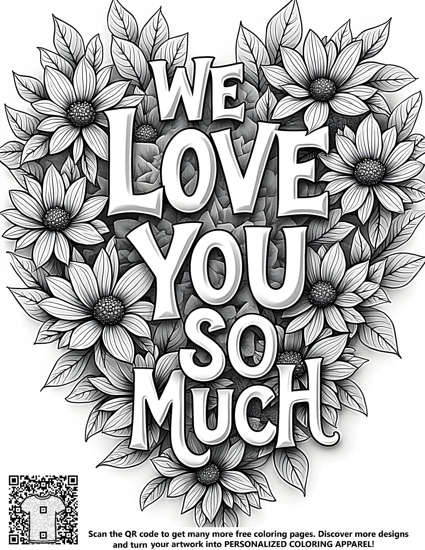 FREE Heart-Shaped Coloring Page with Sunflowers - We Love You So Much - Download NOW