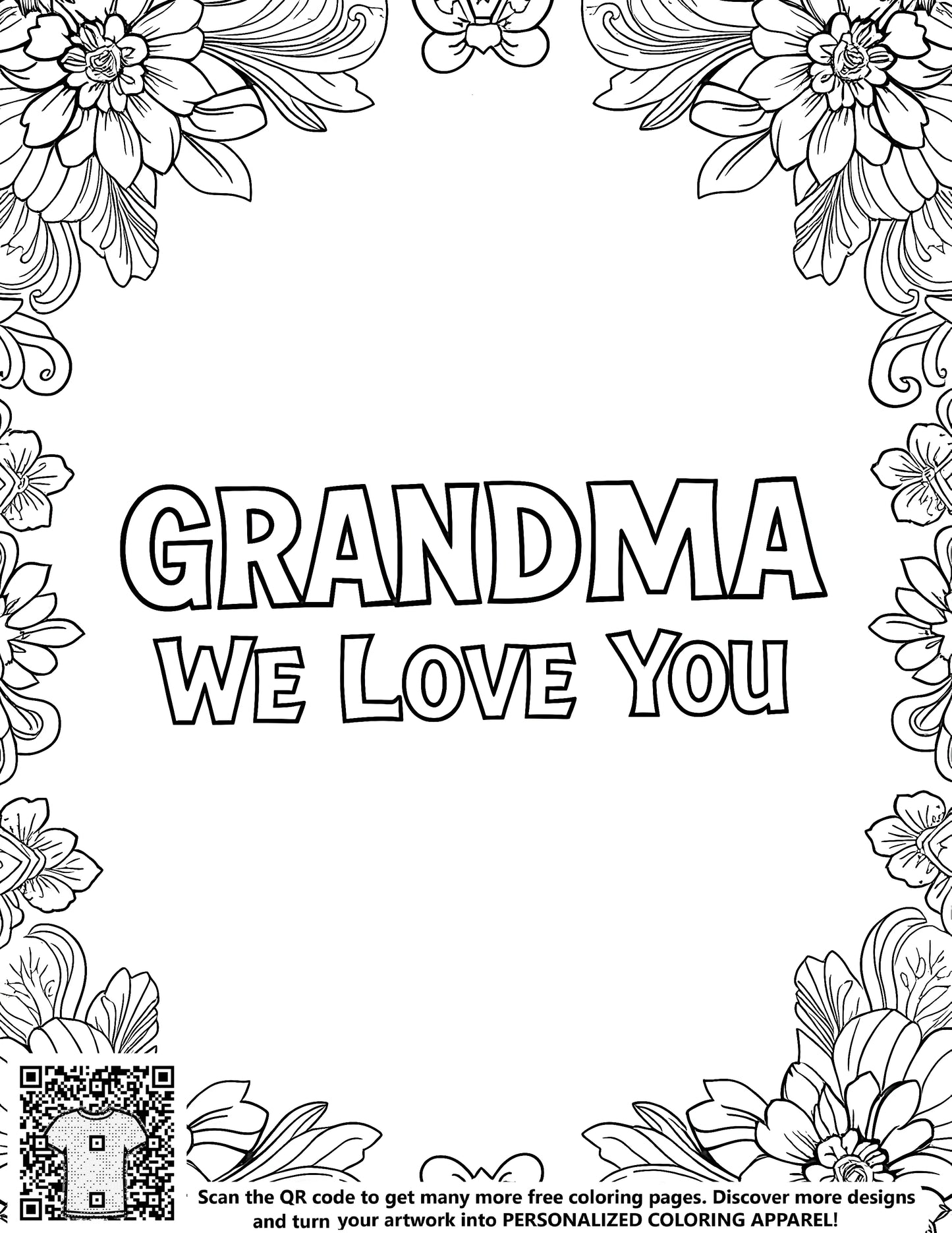 FREE Grandma We Love You Floral Border Coloring Page Printable