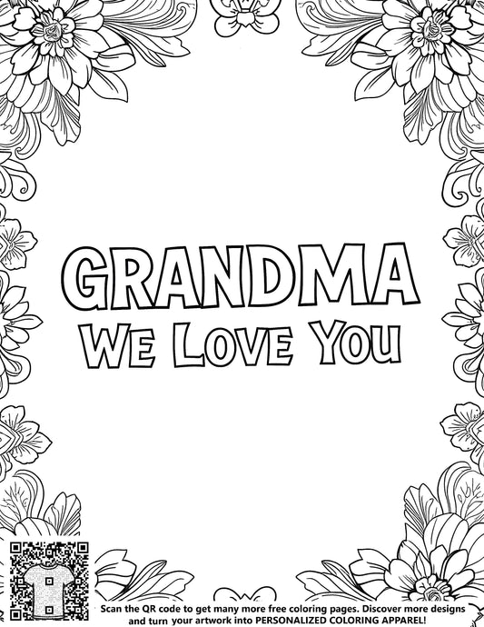 FREE Grandma We Love You Floral Border Coloring Page Printable