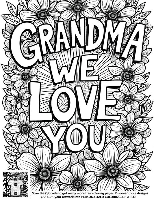 FREE Grandma We Love You Coloring Page - Printable Flower Design Download