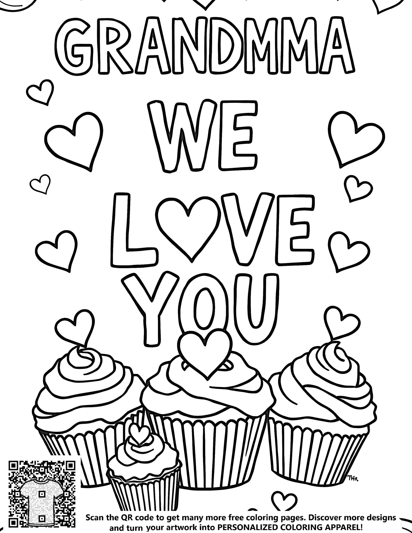 FREE Grandma We Love You Coloring Page with Hearts and Cupcakes - Download NOW