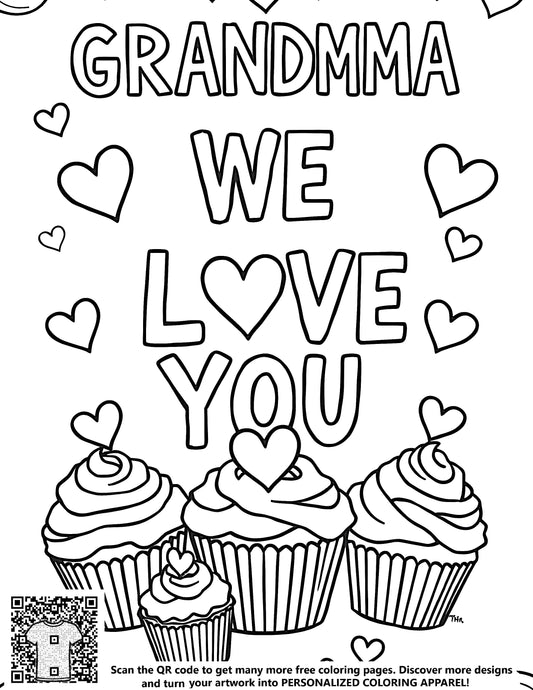 FREE Grandma We Love You Coloring Page with Hearts and Cupcakes - Download NOW