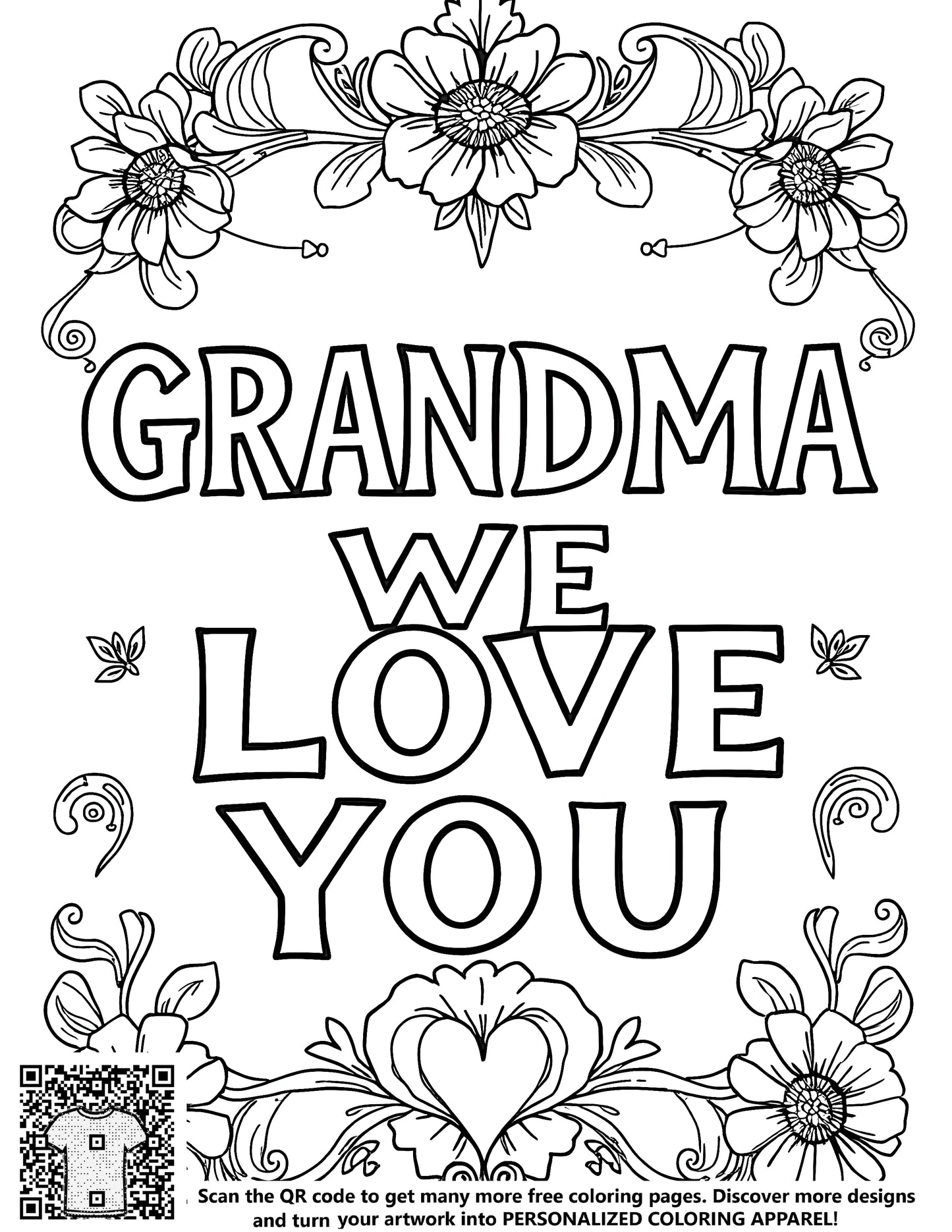 FREE Grandma We Love You Floral Coloring Page - Printable Download