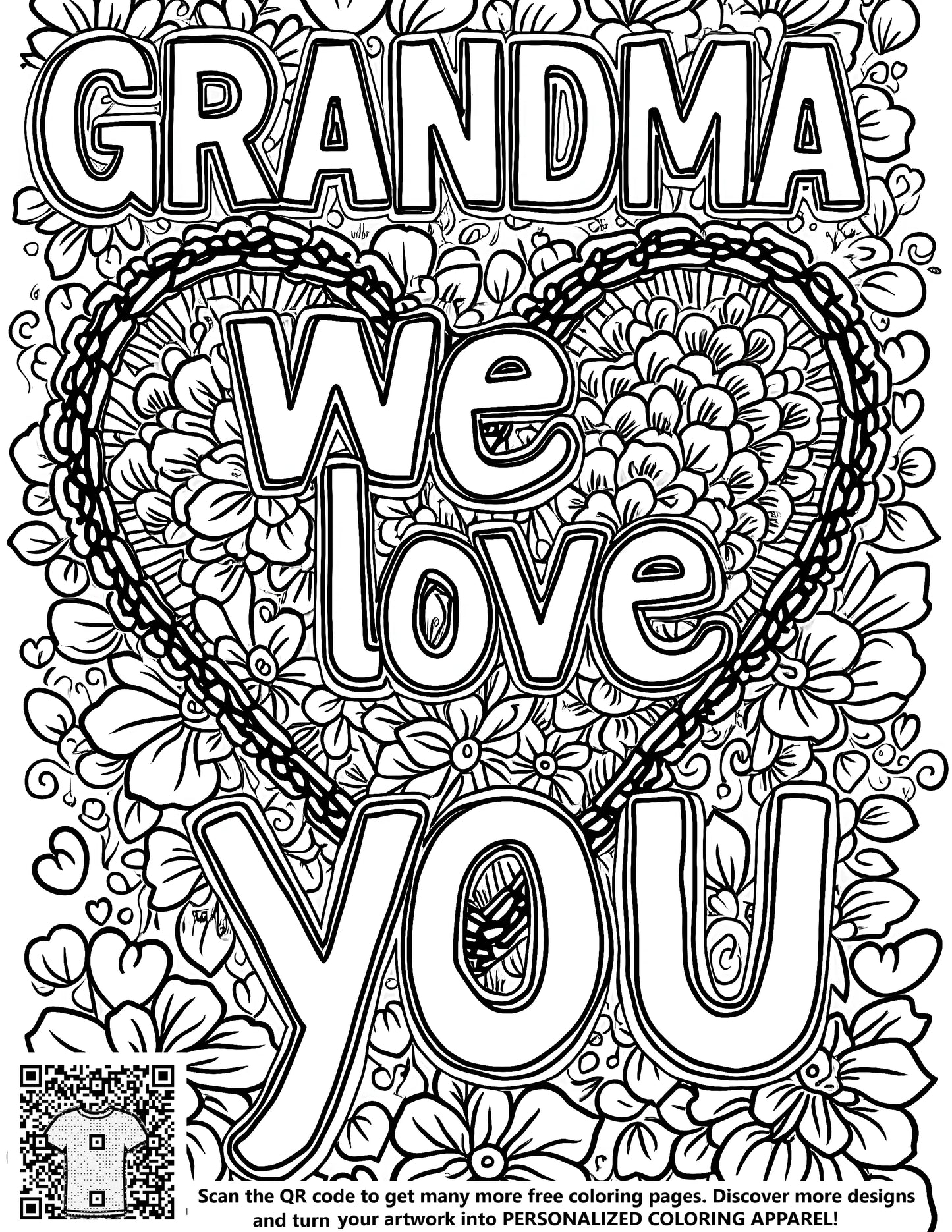 FREE Grandma We Love You Coloring Page - Printable Flower and Heart Design