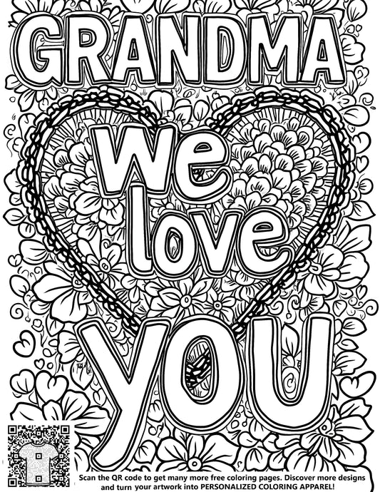 FREE Grandma We Love You Coloring Page - Printable Flower and Heart Design