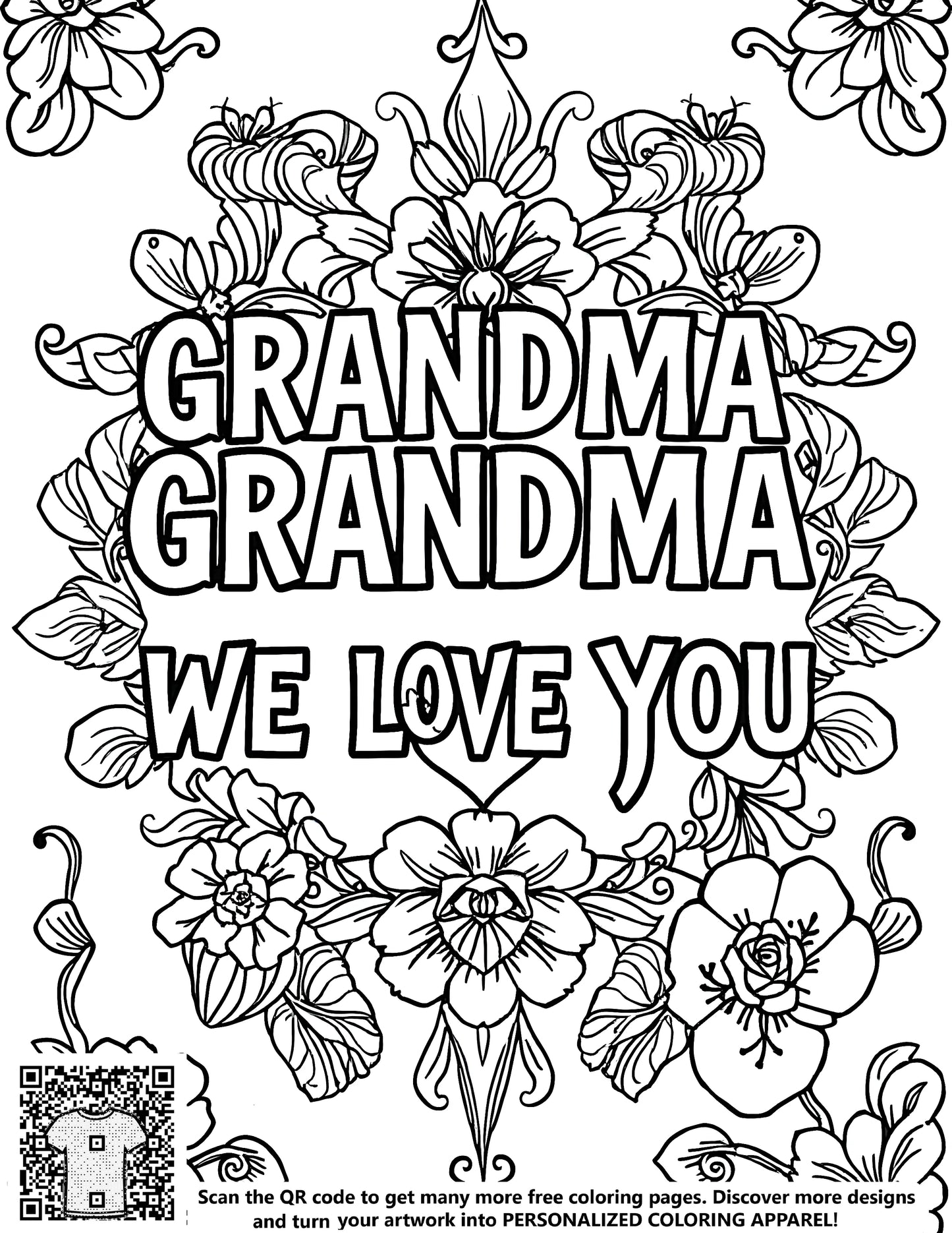 FREE Floral-Themed Coloring Page - Grandma We Love You - Printable Download