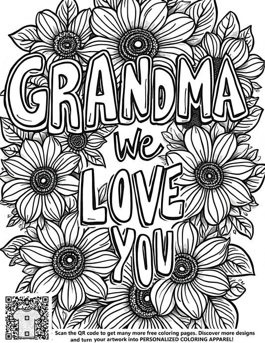 FREE Coloring Page - Grandma We Love You Floral Design Printable